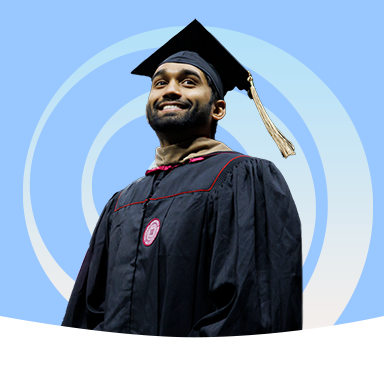 A male graduate on top of a blue background with a blue orange swirl behind him